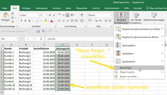 Zellen markieren, welche die Bedingte Formatierung erhalten sollen, dann "Bedingte Formatierung" anklicken und "Neue Regel..." auswählen