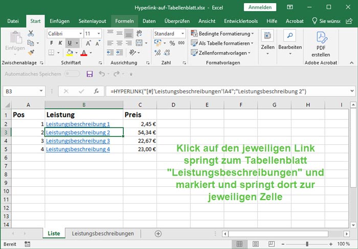 Screenshot von Excel mit Hyperlink-Funktion zu navigieren auf ein anderes Tabelleblatt