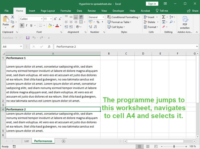 Screenshot Excel: Link target for the hyperlink is the other worksheet