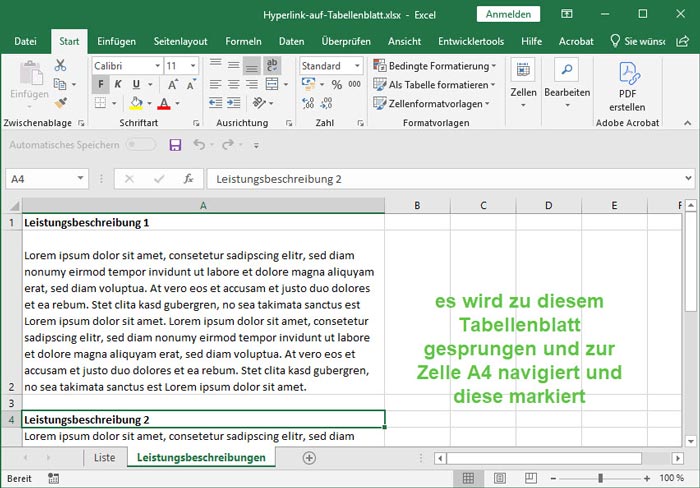 Screenshot Excel: Linkziel für den Hyperlink ist das andere Tabellenblatt