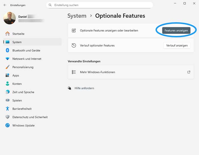 Screenshot "Features anzeigen" anklicken