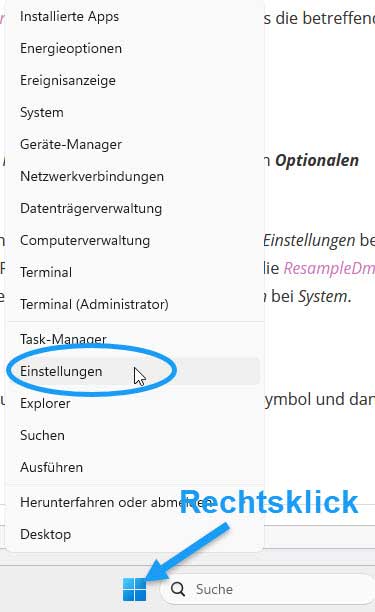 Screenshot zum Aufrufen der Windows-Einstellungen