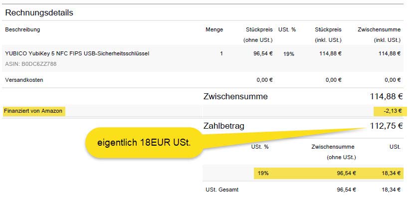 Ausschnitt einer Amazon-Rechnung, welche die Position "Finanziert von Amazon" enthält.