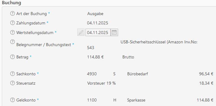 Screenshot Buchung des vollen Betrages auf ein passendes Sachkonto