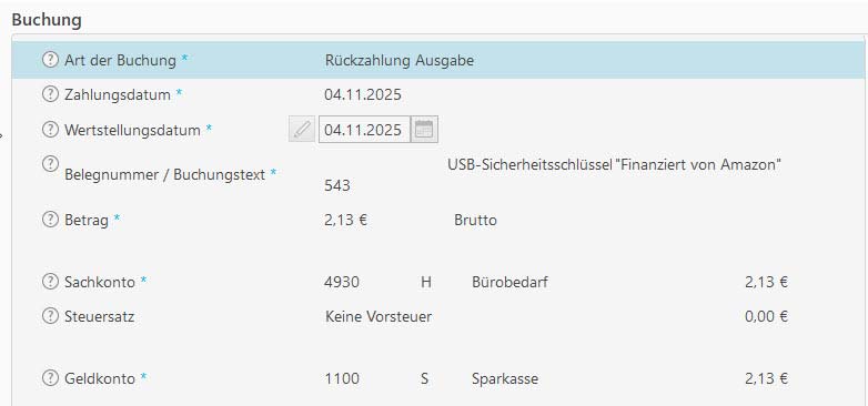 Screenshot Buchhaltungssoftware mit Buchung der Position "Finanziert von Amazon"