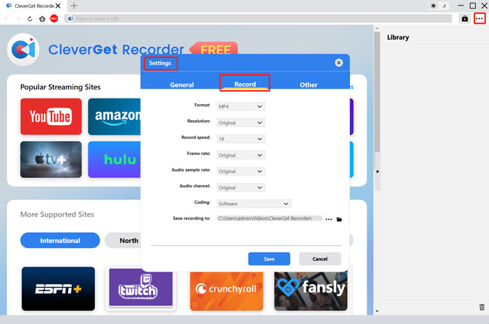 Screenshot CleverGet Recorder: Über Settings das Format und die Auflösung einstellen