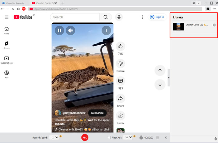 Screenshot CleverGet Recorder: das aufgezeichnete Video befindet sich in der rechten Sidebar in der Library