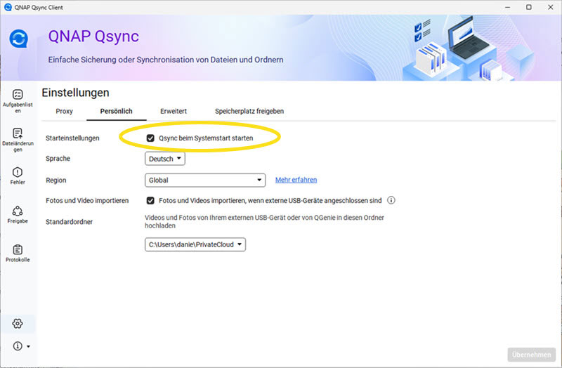 Screenshot vom QNAP Qsync Client Einstellungen mit aktivierter Checkbox für "Qsync beim Systemstart starten"
