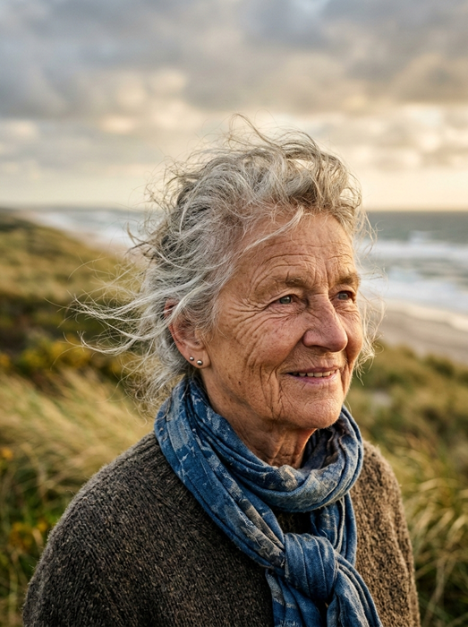 AI erstelltes fotorealistisches Portrait einer älteren Frau unter Berücksichtigung des goldenen Schnitts